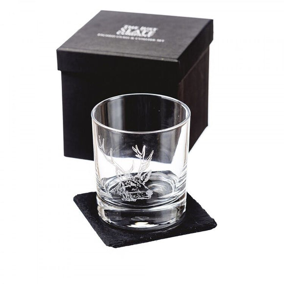 Stag Glass with Slate Coaster